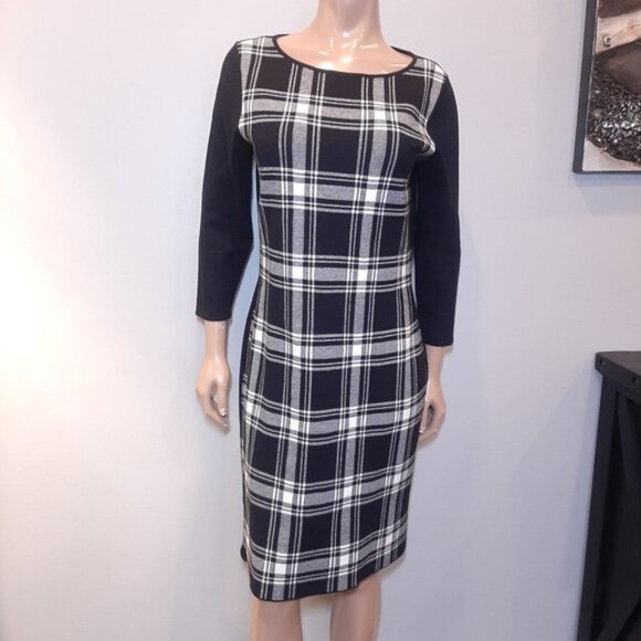 Chaps Plaid Sweater Dress Black 3/4 Sleeve Sheath Winter Stretch Womens Large - Picture 11 of 11
